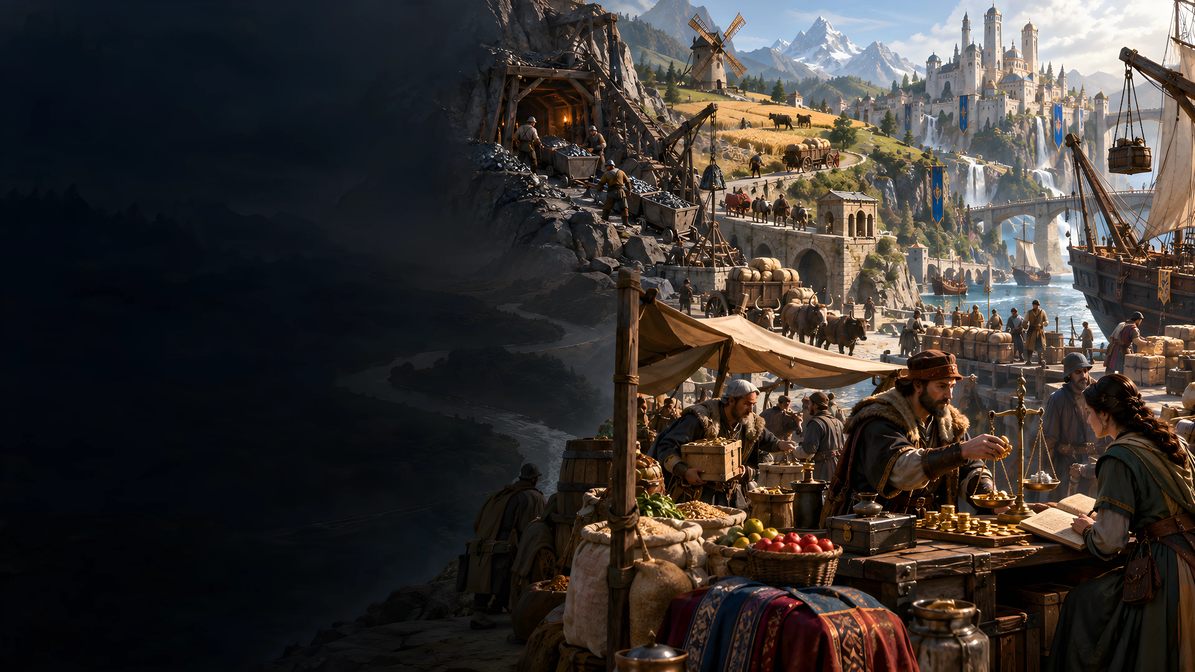 Fantasy illustration of mining, farming, merchant exchange and shipping around a thriving fantasy city