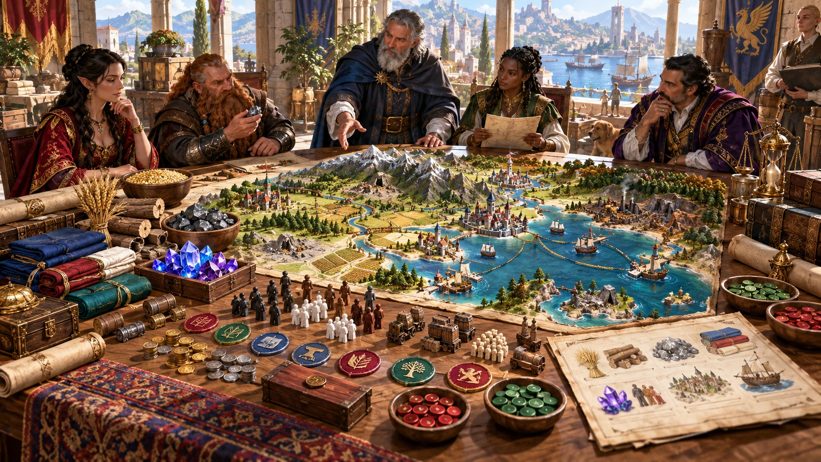 Fantasy illustration of a group reviewing a tabletop region with resources, trade routes and settlements