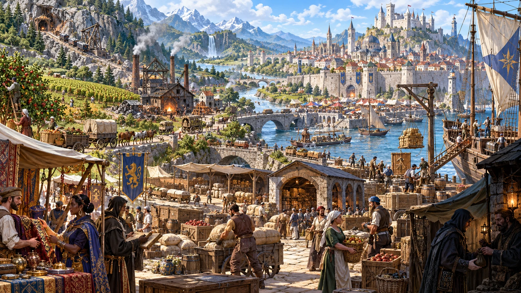 Fantasy illustration of farmland, mines, industries, markets and a harbour linked through a fantasy region
